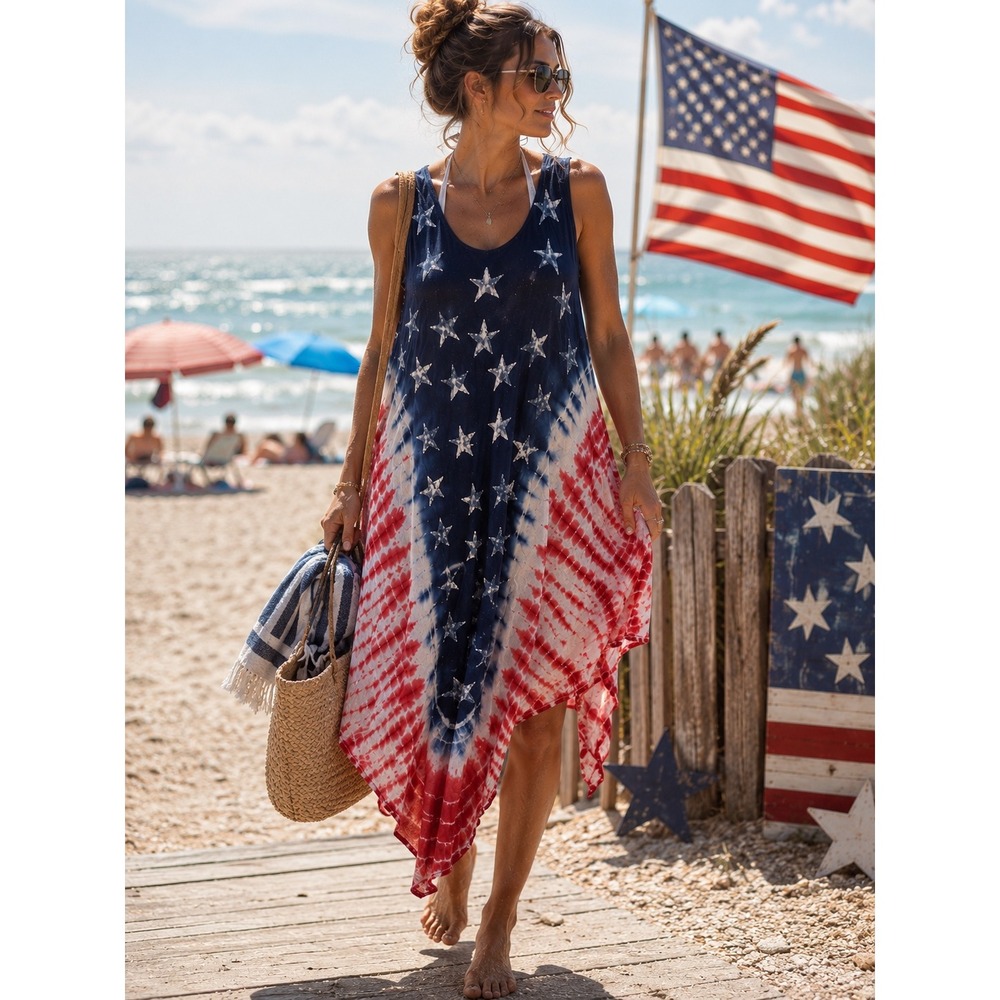 Seven Islands Dress Womens 4th of July Patriotic Tie Dye American Festival OS